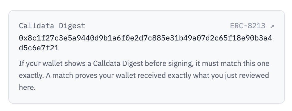 The ERC-8213 calldata digest shown by Onay, to compare with the digest on the wallet