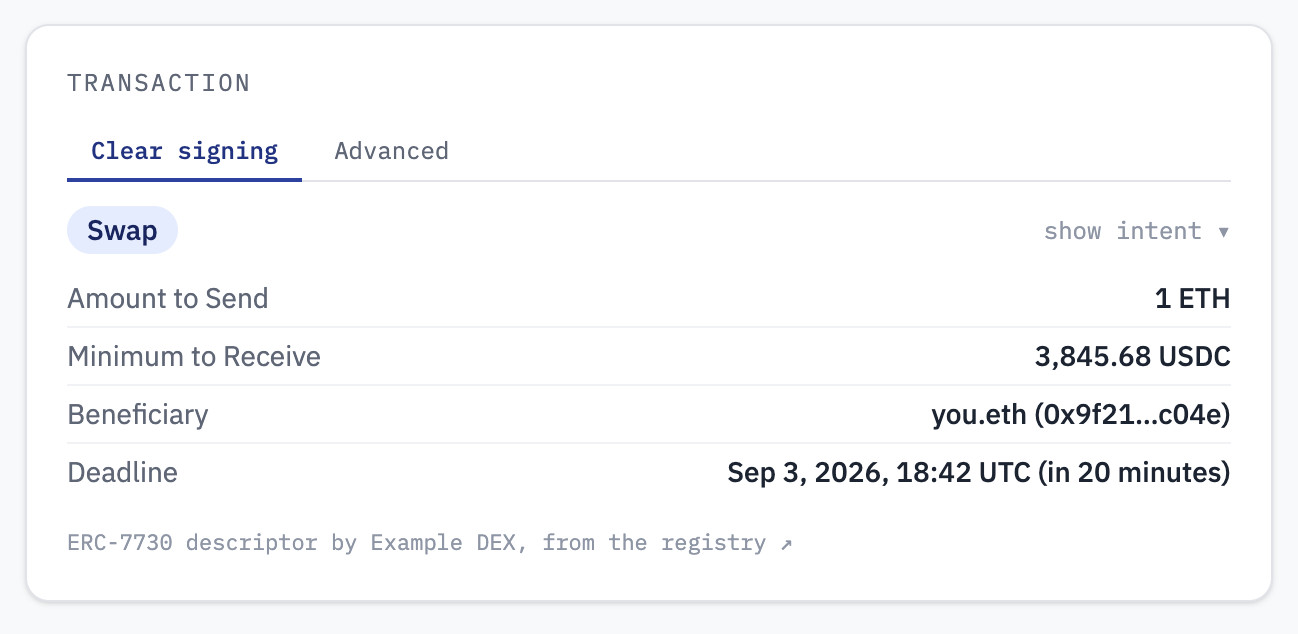 Clear signing view of a swap: amount to send, minimum to receive, beneficiary and deadline, rendered from an ERC-7730 descriptor