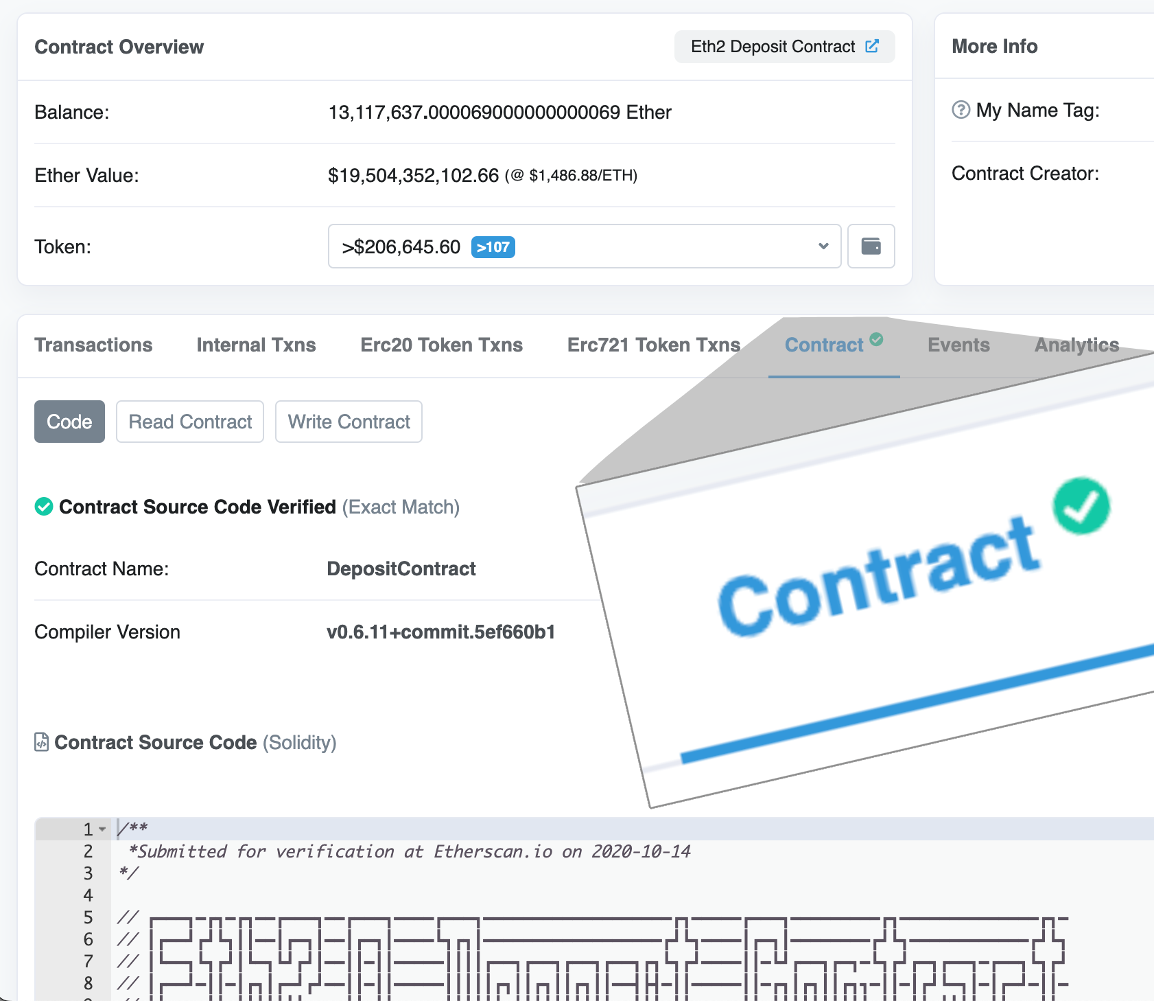 Green checkmark in a verified contract page on Etherscan