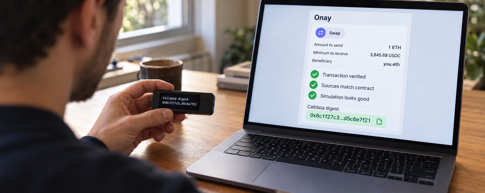 A person holds a hardware wallet showing a calldata digest and compares it with the same digest in the Onay app on their laptop