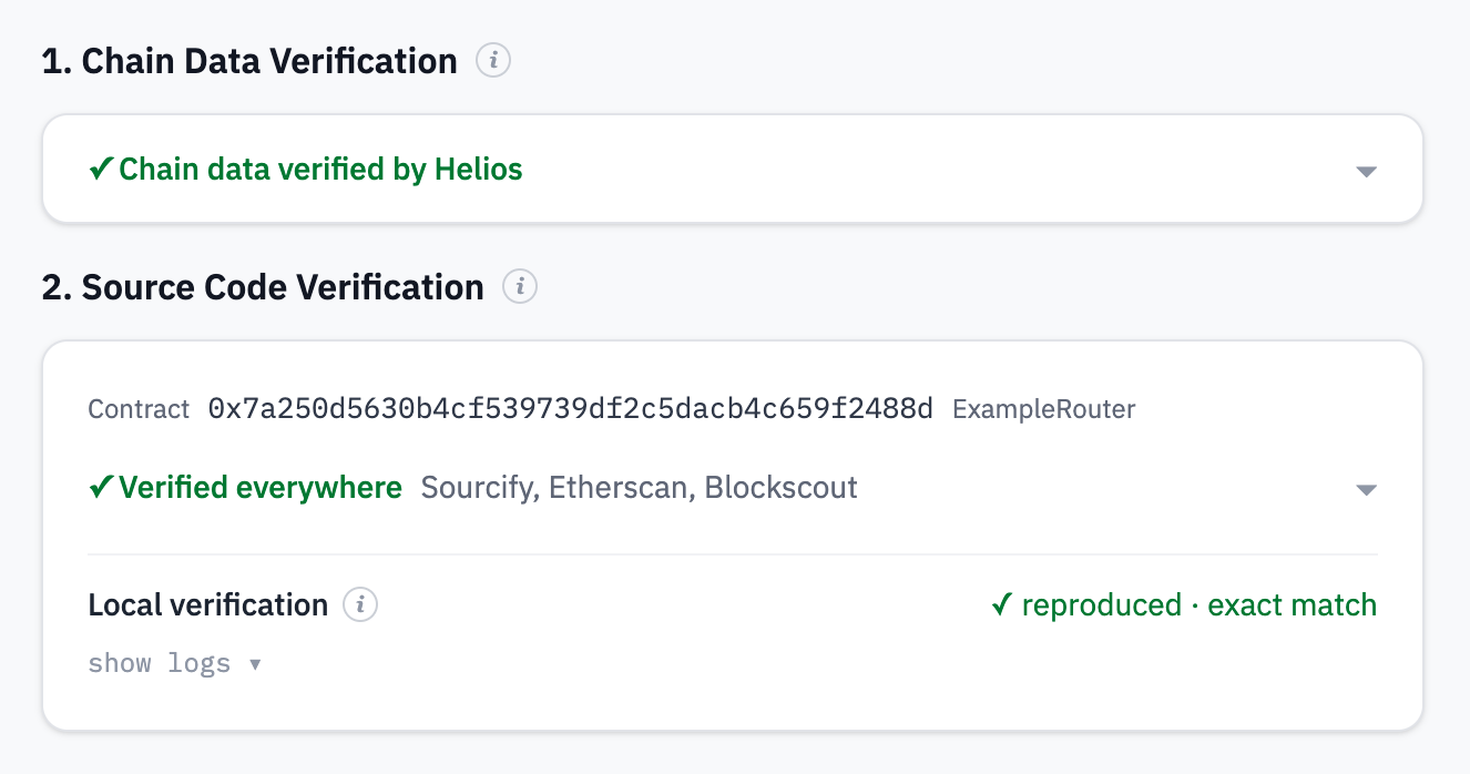 Chain data verified by the local Helios light client, and the contract's source code reproduced locally with an exact match
